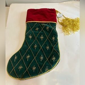 Green Velvet Christmas Stocking With Gold Beading. Red Cuff. Gold Tassel.